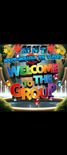a sign that says welcome to the group with a fountain in the background