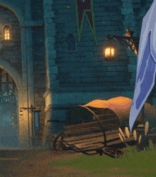 a person holding a sword in front of a brick building with a cross on it