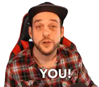 a man wearing a plaid shirt and a hat is saying you