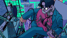a man is playing a guitar in front of a microphone and a sign that says " natori "
