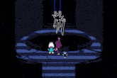 a pixel art drawing of a person standing in front of a blue swirl