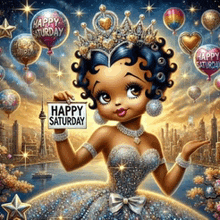 betty boop holding a happy saturday sign in front of balloons