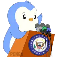 a cartoon penguin is giving a speech at a podium that says united states senate
