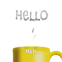 a yellow coffee mug with the words hello test1 on it