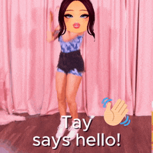 a picture of a girl with the words tay says hello below her
