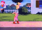 a cartoon of a girl rollerblading down a sidewalk in front of a house