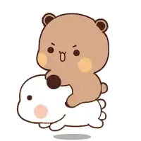 a brown teddy bear is riding on the back of a white rabbit .