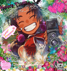 a cartoon of a girl holding a camera with the name hawk tuah on it
