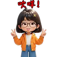 a cartoon girl with glasses and a star in her hair is giving the peace sign