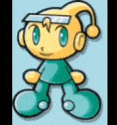 a yellow and green cartoon character wearing a hat and headphones