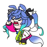 a cartoon drawing of a girl with blue hair holding a green bottle that says ' sppb ' on it