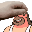 a cartoon man with a beard is smiling and a hand is covering his head .