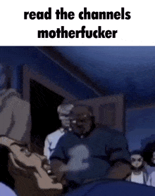 a cartoon of a man laying in a bed with the words read the channels motherfucker above him