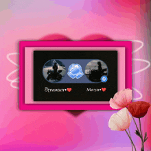 a framed picture of stranger and maya with flowers in front of them