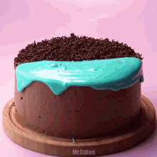 a chocolate cake with blue frosting and chocolate sprinkles on it