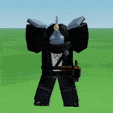 a cartoon character with a scarf around his neck is standing on a green field