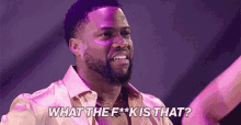 a man with a beard is standing in front of a microphone and asking what the f * k is that .