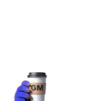 a purple monster is holding a cup of coffee that says gm on it