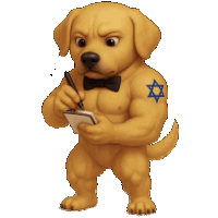 a cartoon dog with a bow tie and a blue star on his arm is writing on a notepad