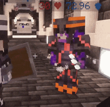 a purple and orange minecraft character with a shield and a sword