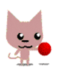 a pink cat is holding a red ball in its hand .