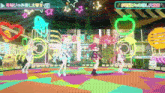 three anime girls are dancing on a colorful stage with a sign that says ' nintendo ' on it