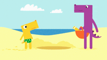 a cartoon of two dinosaurs on a beach with one wearing swim trunks