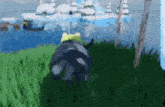 a video game character is standing in the grass near the water .