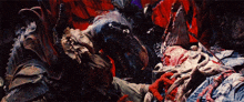 a painting of a monster laying on a bed with a red background