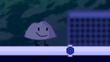 a cartoon character with a smiley face is sitting on a table next to a purple object .