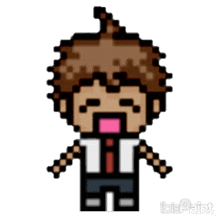a pixel art of a boy with a pink mouth