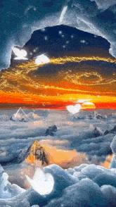 a painting of a sunset over the mountains