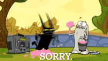 a cartoon character says sorry in front of a bucket of pink liquid