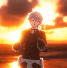 a person standing in front of a sunset with a sword in their hand