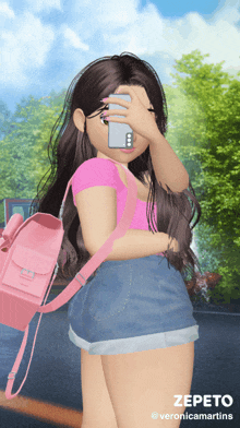 a girl with a pink backpack is taking a picture of herself with her phone