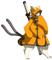 a cartoon cat is holding a sword and wearing a yellow coat