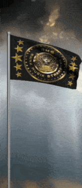 a black and gold flag that says rmb on the top