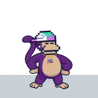 a pixel art of a purple monkey standing next to a green pipe