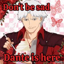 a picture of dante from devil may cry eating ice cream with the caption " don 't be sad dante is here "