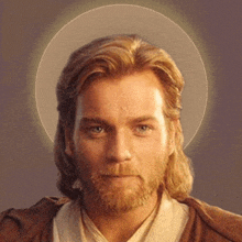 a man with long hair and a beard is surrounded by a halo of light