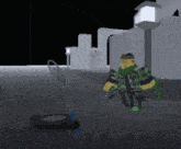 a man in a green and black outfit is standing next to a tire