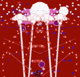 a red background with a bunch of balls and lines