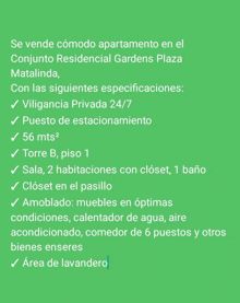 a green background with spanish text that says se vende condo apartamento en el conjunto residencial gardens plaza matalinda