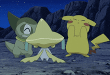 a group of cartoon characters including a pikachu are standing on a rocky hillside