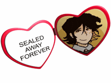 a heart shaped button with a picture of a girl and the words sealed away forever