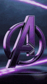 a purple and black avengers logo with purple lights behind it