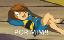 a cartoon character laying on a wooden floor with the words por mim written below him