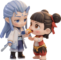 a boy and a girl are standing next to each other and the girl is feeding the boy a piece of food