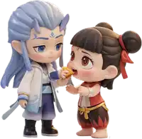 a boy and a girl are standing next to each other and the girl is feeding the boy a piece of food