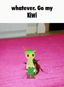 a cartoon character is standing on a pink rug and says " whatever go my kiwi " .